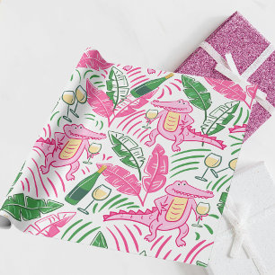 Preppy Pink Alligator Wine With Palm Leaves Wrapping Paper