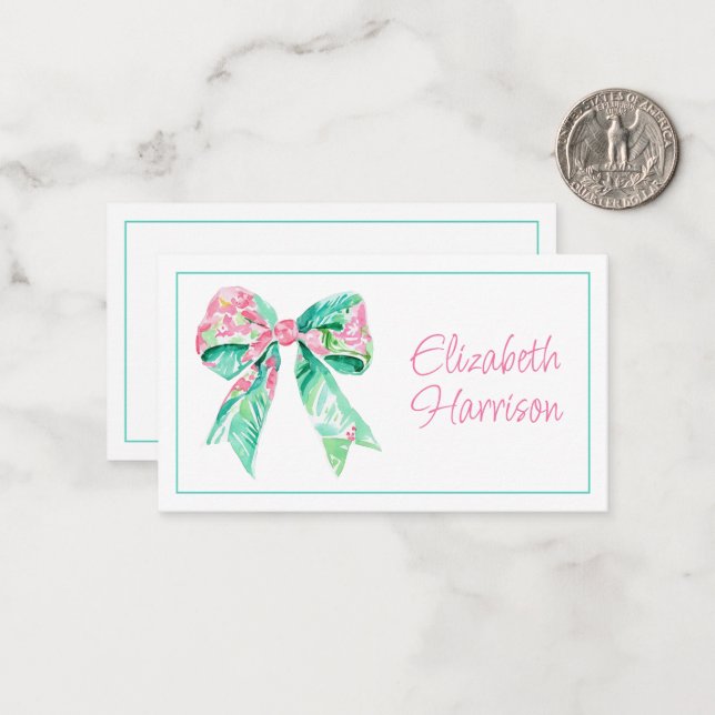 Preppy Pink and Aqua Floral Bow Note Card (Front/Back In Situ)