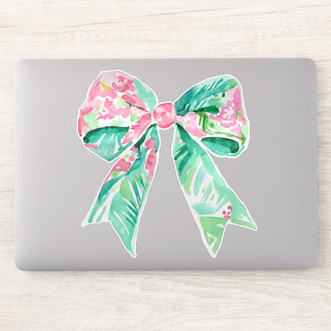 Preppy Pink  and Aqua Floral Bow Sticker (Computer)