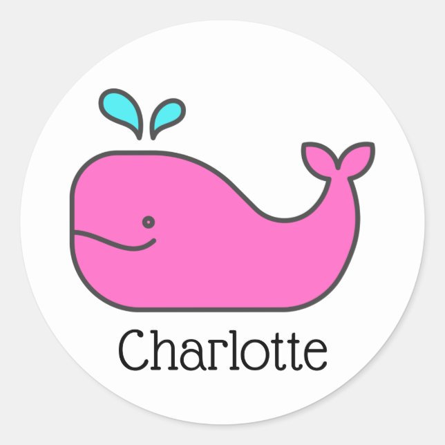 Preppy Pink and Aqua Whale Personalized Classic Round Sticker (Front)