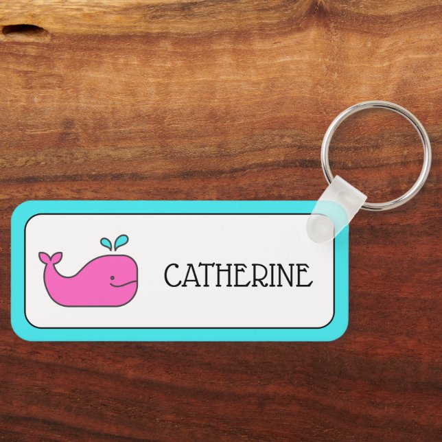 Preppy Pink and Aqua Whale Personalized Keychain (Front)