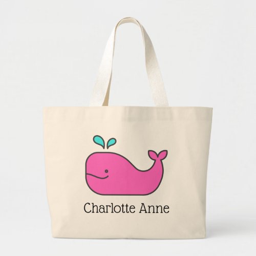 Preppy Pink and Aqua Whale Personalized Large Tote Bag