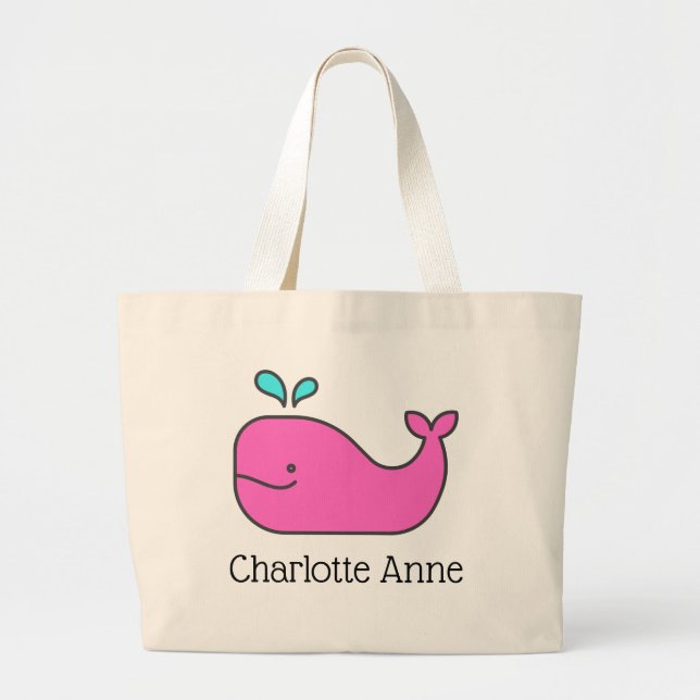 Preppy Pink and Aqua Whale Personalized Large Tote Bag (Front)