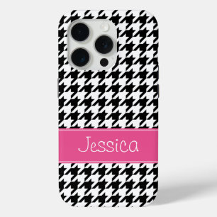 Preppy Pink and Black Houndstooth Personalized iPhone 15 Pro Case