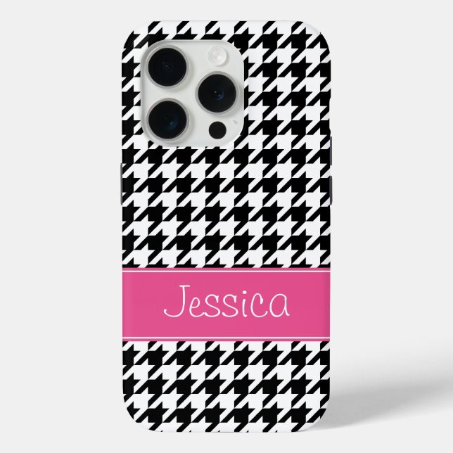Preppy Pink and Black Houndstooth Personalized Case-Mate iPhone Case (Back)