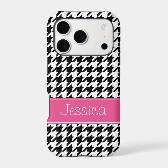 Preppy Pink and Black Houndstooth Personalized Case-Mate iPhone Case (Back)