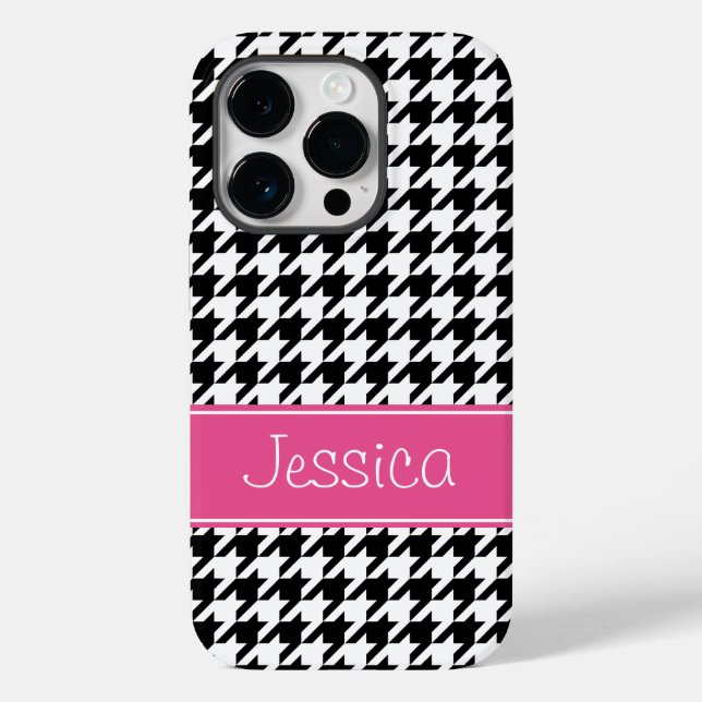 Preppy Pink and Black Houndstooth Personalized Case-Mate iPhone Case (Back)