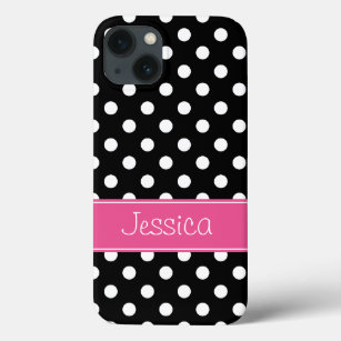 Preppy Pink and Black Polka Dots Personalized iPhone 13 Case