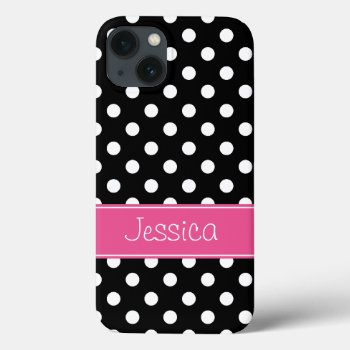 Preppy Pink And Black Polka Dots Personalized Iphone 13 Case by printcreekstudio at Zazzle