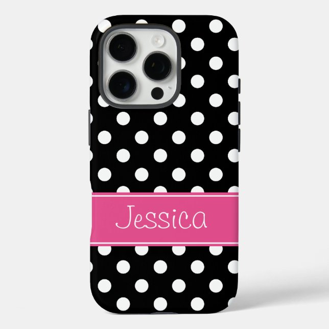 Preppy Pink and Black Polka Dots Personalized Case-Mate iPhone Case (Back)