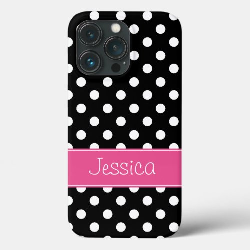 Preppy Pink and Black Polka Dots Personalized iPhone 13 Pro Case