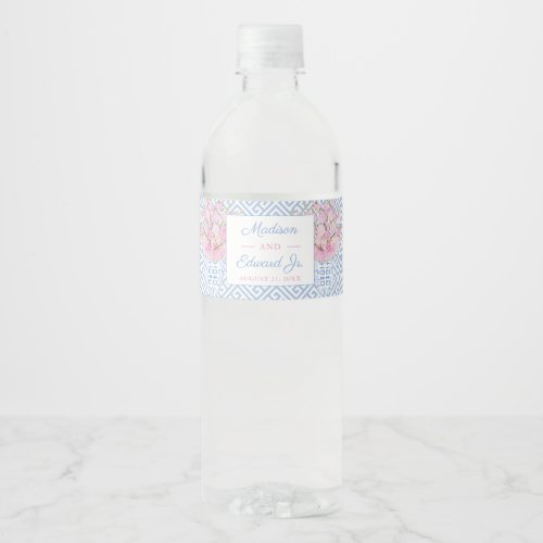 Preppy Pink And Blue Chinoiserie Wedding Water Bottle Label