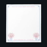 Preppy Pink And Blue Custom Stationery With Name Notepad<br><div class="desc">Elegant Greek Key corner border with watercolor Sakura blossoms in a ginger jar vase. You can change the color of the border (currently a powder blue) by changing the background color of the page (to do this,  "click to personalize further" underneath where you enter your text).</div>