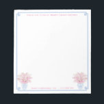 Preppy Pink And Blue Custom Stationery With Name Notepad<br><div class="desc">Elegant Greek Key corner border with watercolor Sakura blossoms in a ginger jar vase. You can change the color of the border (currently a powder blue) by changing the background color of the page (to do this,  "click to personalize further" underneath where you enter your text).</div>