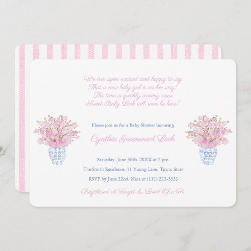 Preppy Pink And Blue Little Girl Baby Shower Party Invitation