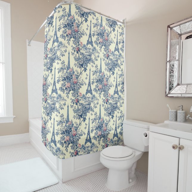 Preppy Pink and Blue Parisian Eiffel Tower Toile Shower Curtain (In Situ)