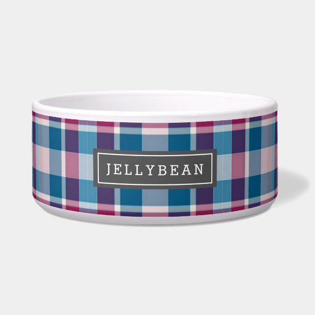 Preppy Pink and Blue Plaid Monogram Bowl (Front)