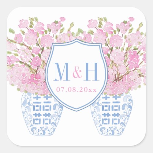 Preppy Pink And Blue Wedding Monogram Crest Square Square Sticker - This classic design features a simple and elegant couples crest monogram with a ginger jar vase filled with cherry blossom stems (Sakura) on each side. These watercolor elements all handpainted by me in watercolors onto 100% cotton paper and scanned into digital form. The shield is by other artist.