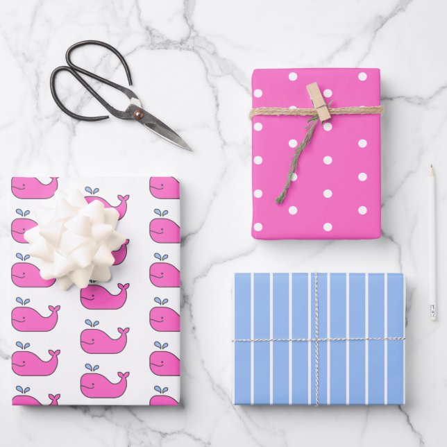 Preppy Pink and Blue Whales Polka Dots and Stripes Wrapping Paper Sheets (Front)