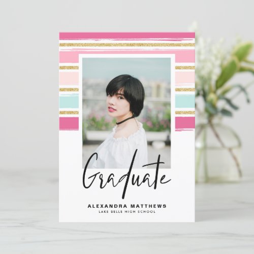 Pink and Gold Glitter Photo Graduation Party Card