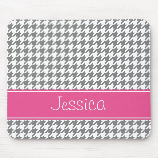 Preppy Pink and Gray Houndstooth Personalized Mouse Pad (Front)