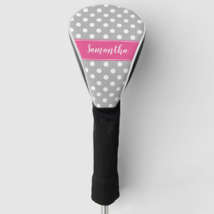 Preppy Pink and Gray Polka Dots Personalized Golf Head Cover