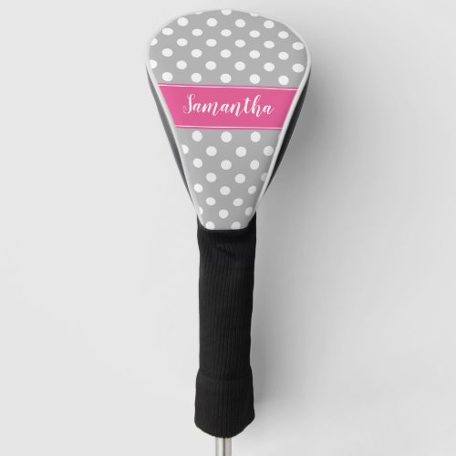 Preppy Pink and Gray Polka Dots Personalized Golf Head Cover