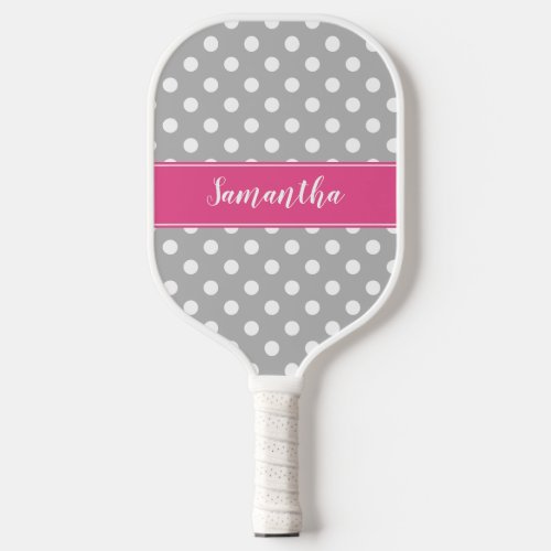 Preppy Pink and Gray Polka Dots Personalized Pickleball Paddle