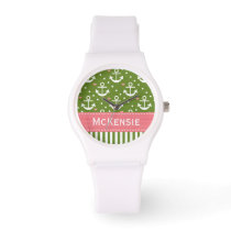Preppy Pink and Green Anchor Nautical Watch