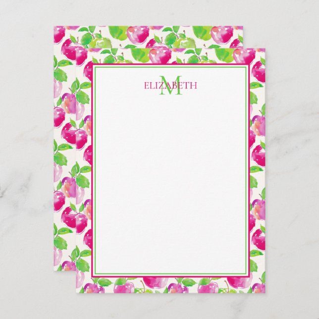 Preppy Pink and Green Apples Monogram Enclosure Card (Front/Back)