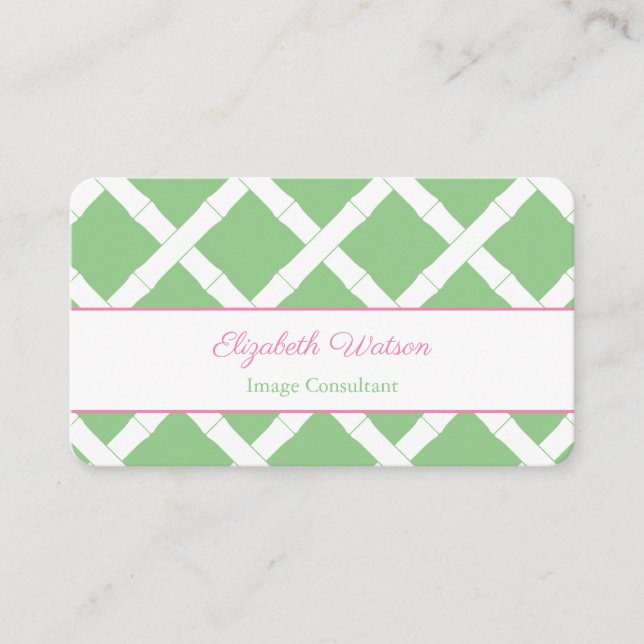 Preppy Pink And Green Bamboo Trellis Business Card (Front)