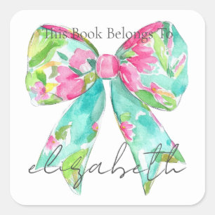 Preppy Pink and Green Bow Personalized Bookplate