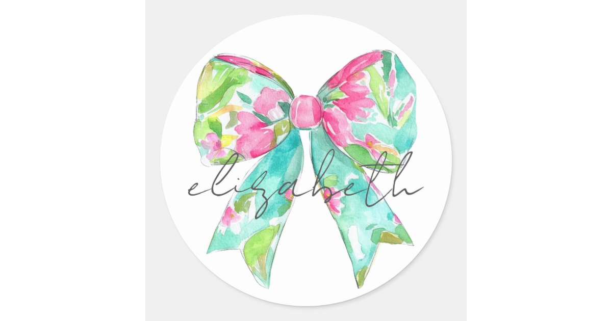 Preppy Pink and Green Bow Personalized Classic Round Sticker | Zazzle