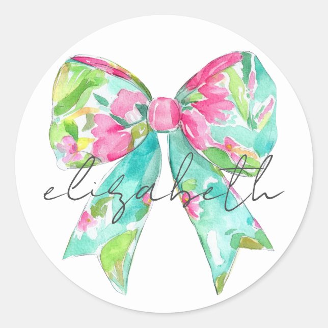 Preppy Pink and Green Bow Personalized Classic Round Sticker (Front)
