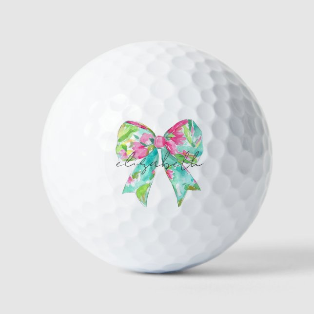 Preppy Pink and Green Bow Personalized Golf Balls (Front)