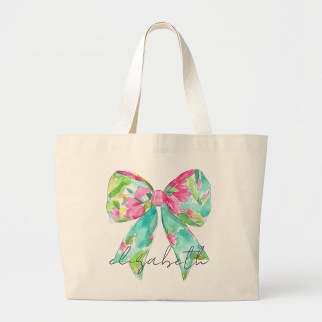 Preppy Pink and Green Bow Personalized Large Tote Bag (Front)