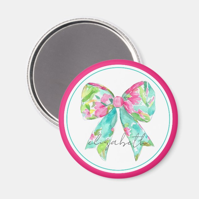 Preppy Pink and Green Bow Personalized Magnet (Front/Back)
