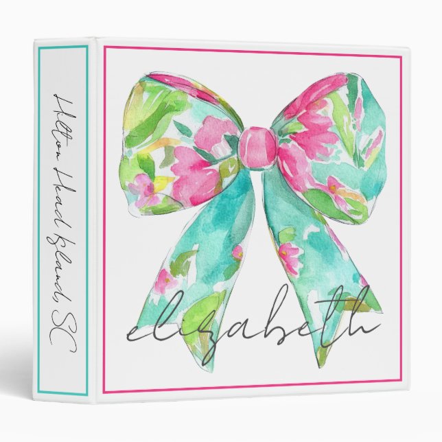 Preppy Pink and Green Bow Personalized Scrapbook 3 Ring Binder (Front/Spine)