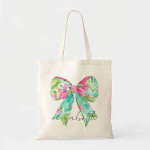 Preppy Pink and Green Bow Personalized Tote Bag