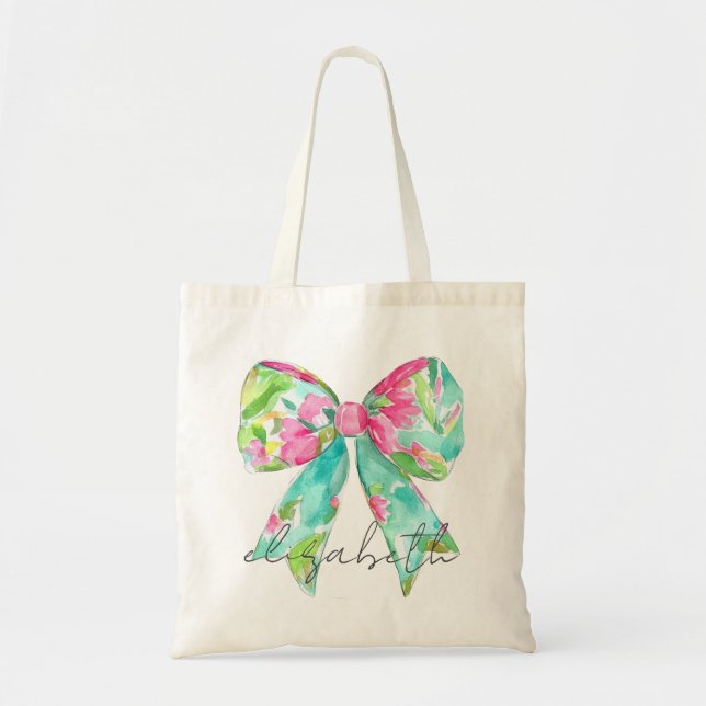 Preppy Pink and Green Bow Personalized Tote Bag (Front)
