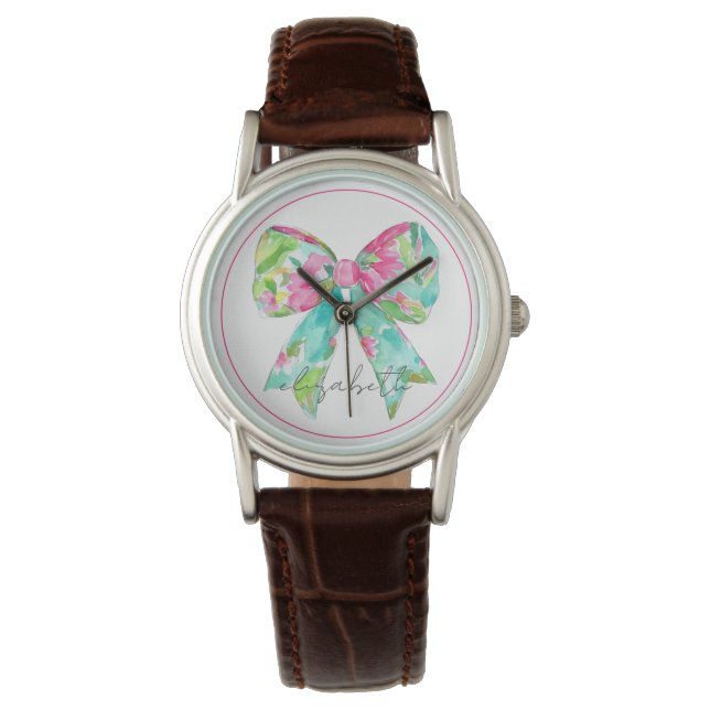 Preppy Pink and Green Bow Personalized Watch (Front)