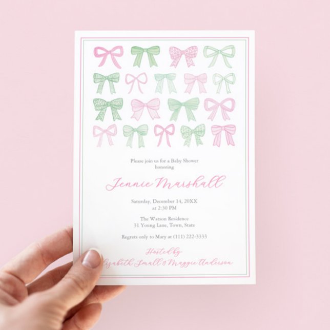 Preppy Pink And Green Bows Baby Girl Shower Invitation (Preppy pink and green bows baby girl shower invite with pink white bengal stripes reverse)