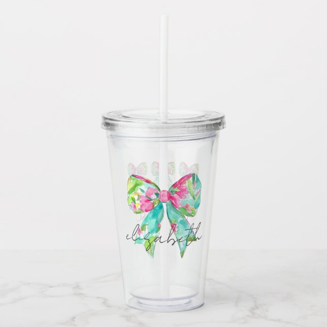 Preppy Pink and Green Bows Personalized Acrylic Tumbler (Front)