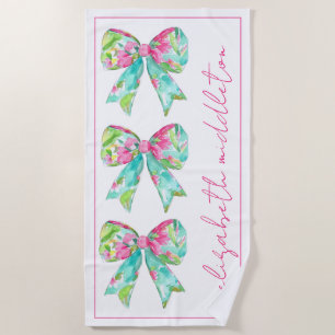 Preppy Pink and Green Bows Personalized Beach Towel