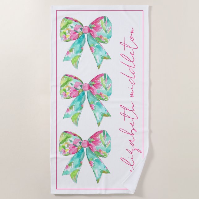 Preppy Pink and Green Bows Personalized Beach Towel (Front)