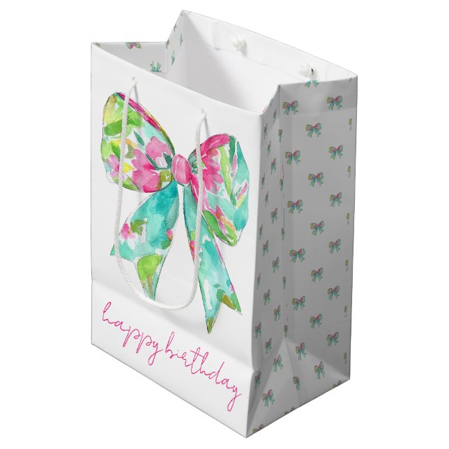 Preppy Pink and Green Bows Personalized Medium Gift Bag (Front Angled)