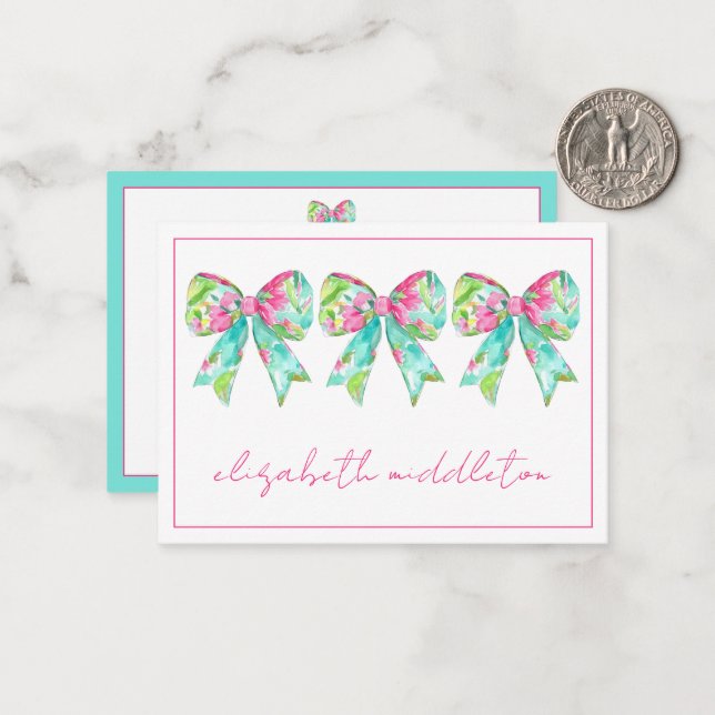 Preppy Pink and Green Bows Personalized Note Card (Front/Back In Situ)