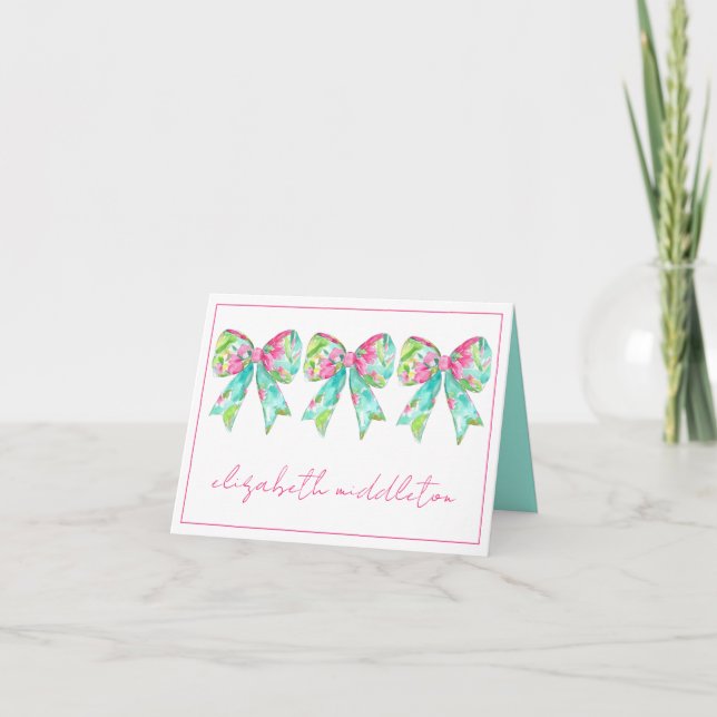 Preppy Pink and Green Bows Personalized Note Card (Front)