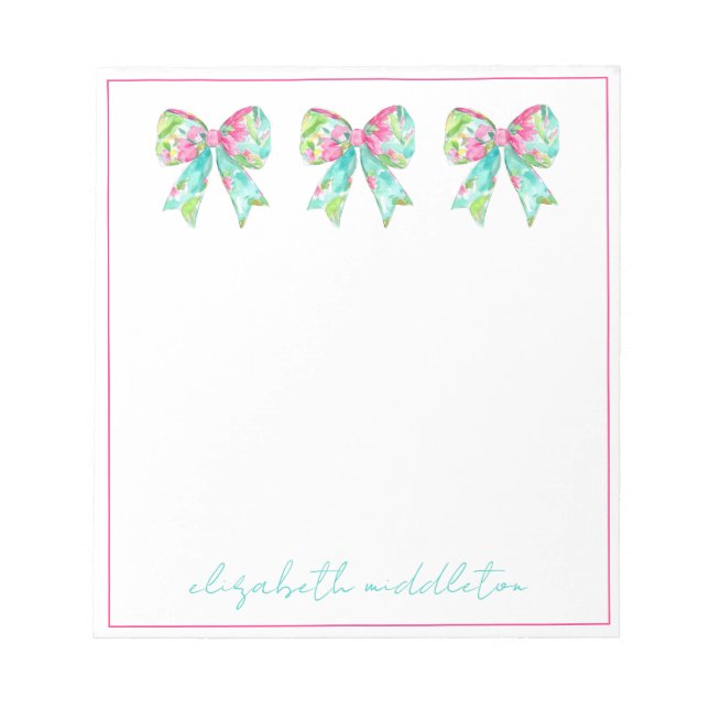 Preppy Pink and Green Bows Personalized Notepad (Front)