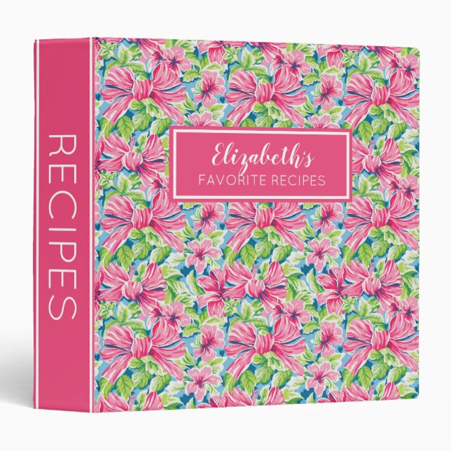 Preppy Pink and Green Bows Personalized Recipe 3 Ring Binder (Front/Spine)